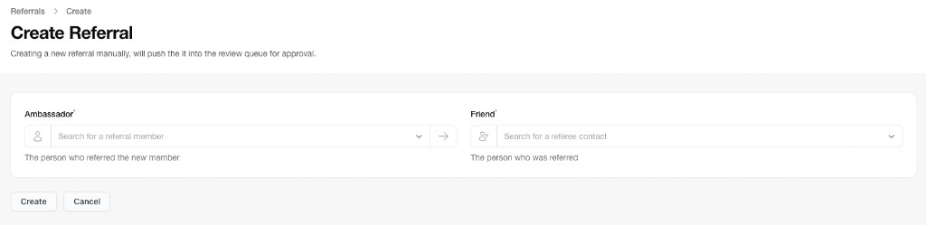 Create Referral form in Awesome Club Referrals dashboard