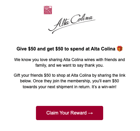 Alta Colina referral welcome email — Give $50 and get $50