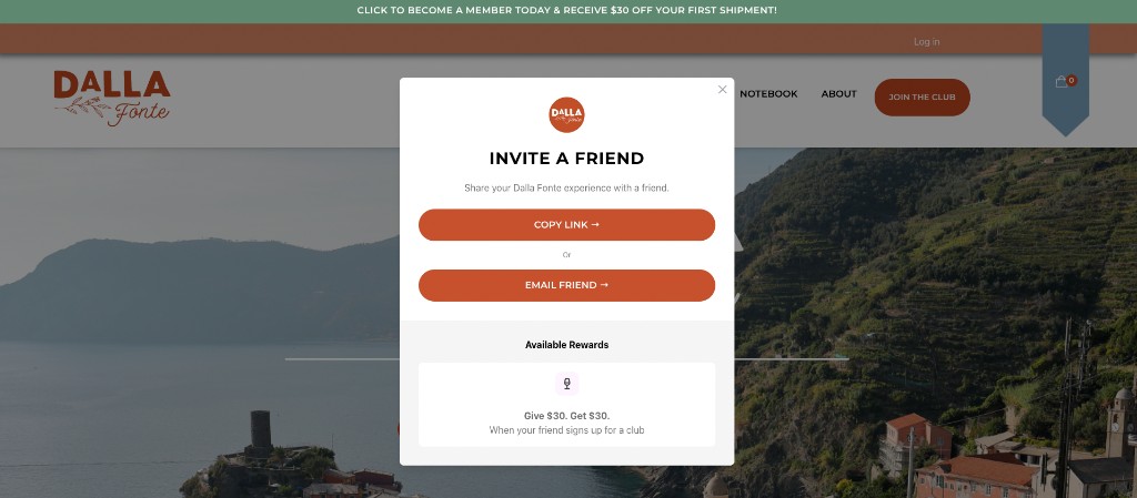 Dalla Fonte Invite a Friend widget on their website