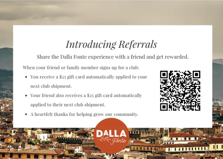 Dalla Fonte printed QR code referral card included in club shipments