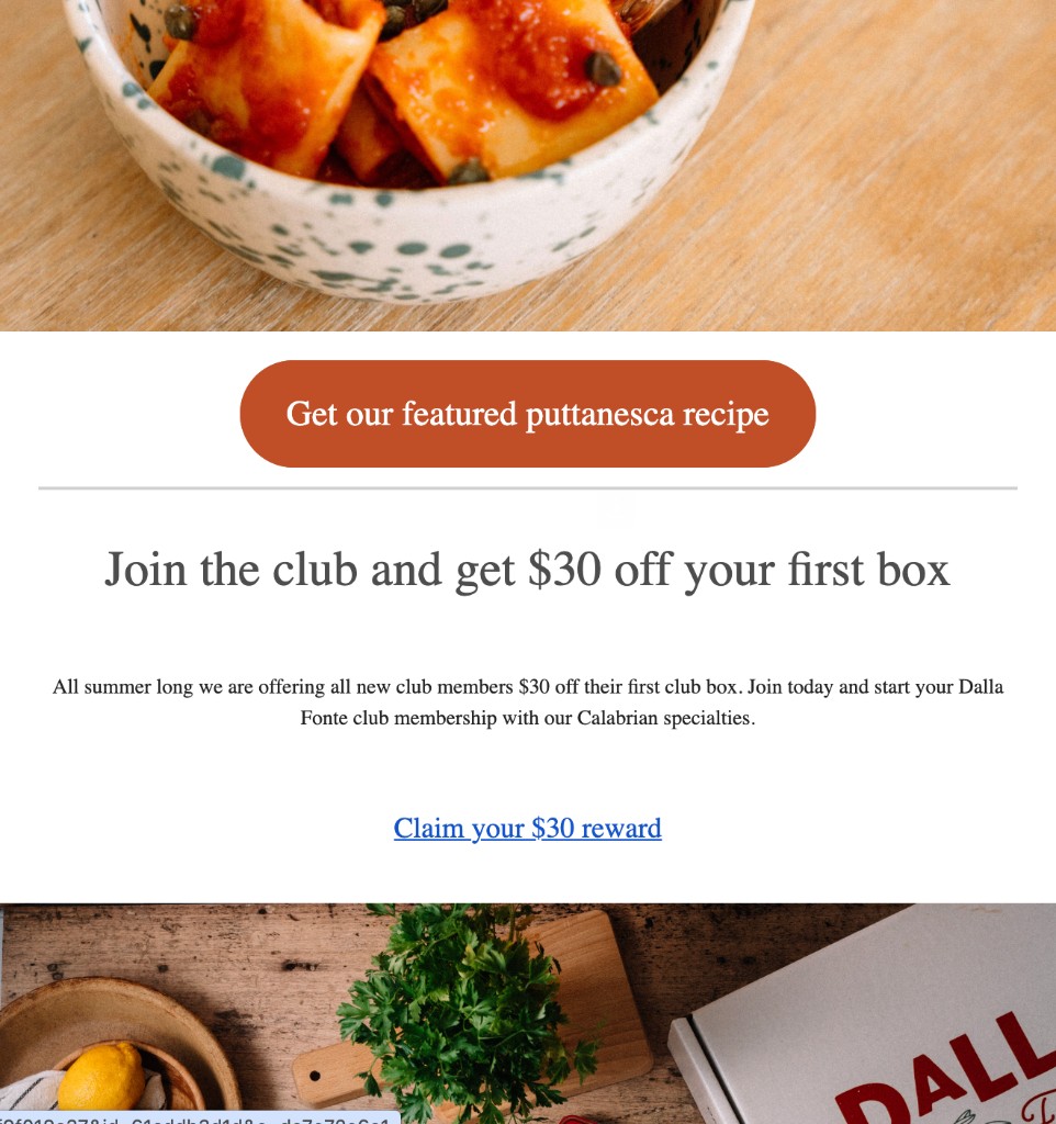 Dalla Fonte email campaign with Reward Link — Join the club and get $30 off