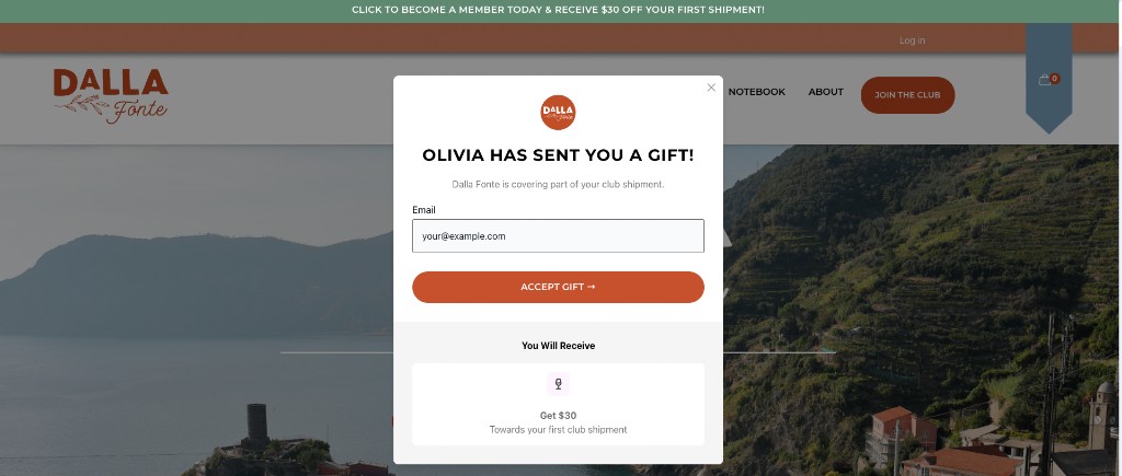Dalla Fonte Reward Link widget — Olivia has sent you a gift