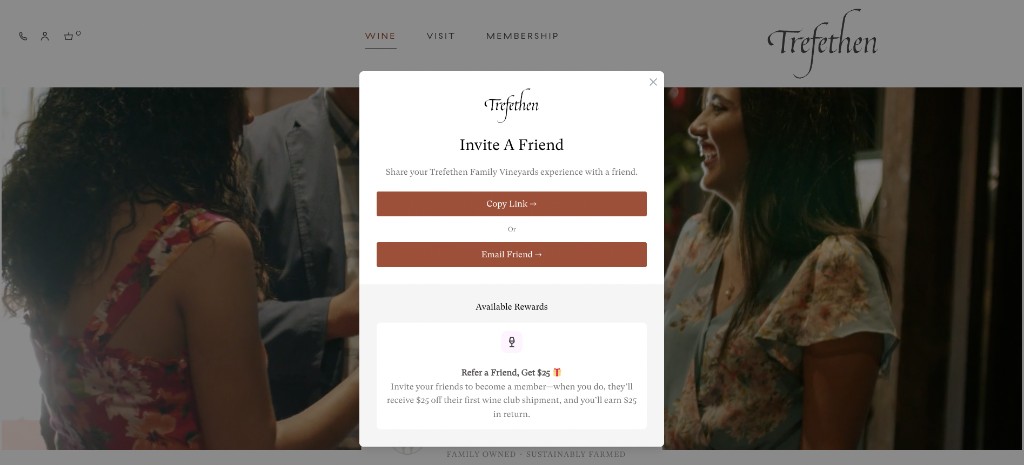 Trefethen Invite A Friend widget on their website