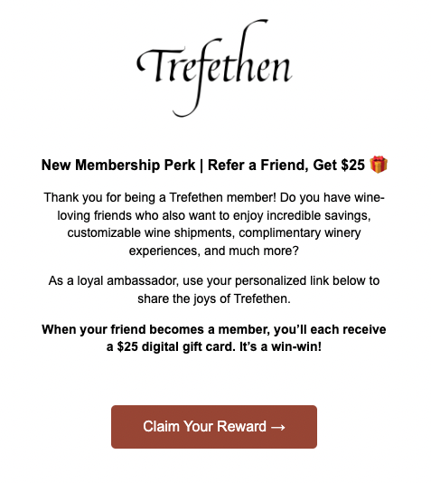 Trefethen referral welcome email — Refer a Friend, Get $25